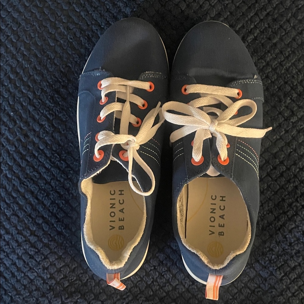 Vionic Navy Sneakers with Cream Laces and Orange Eyelets